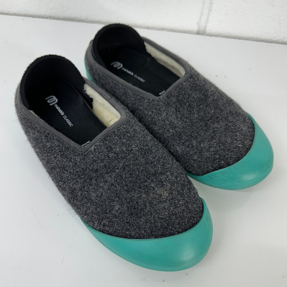 Mahabis Classic Slippers Grey Teal Wool Felt Detachable Sole / Womens 39‎